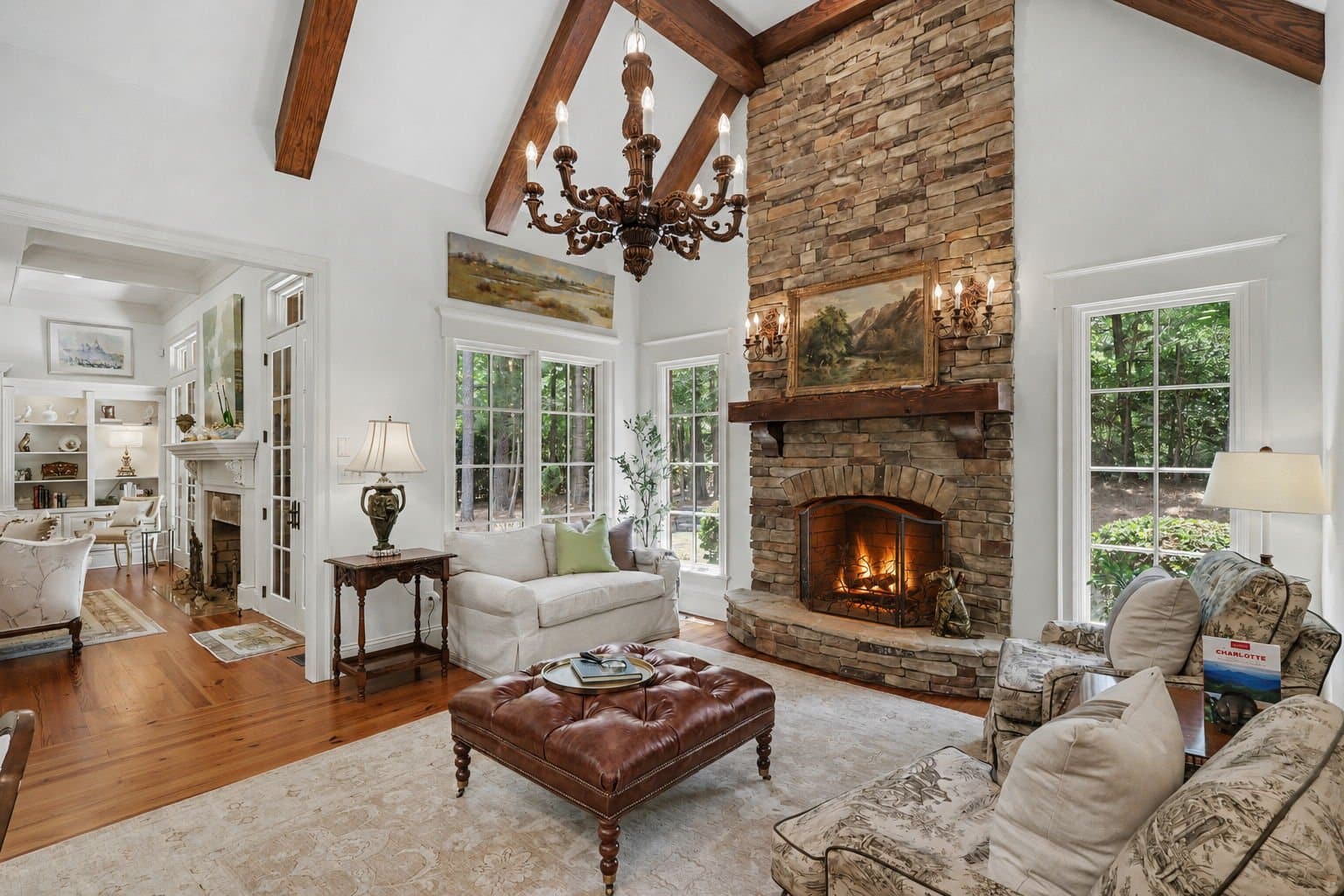 Family room with stone fireplace at 508 Hideaway Ridge Court Matthews NC